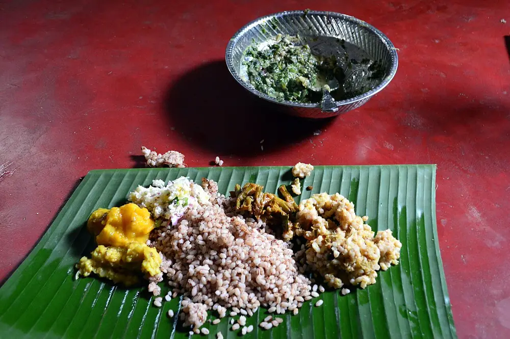 Traditional Jaffna rice and curry on a banana leaf in Point Pedro